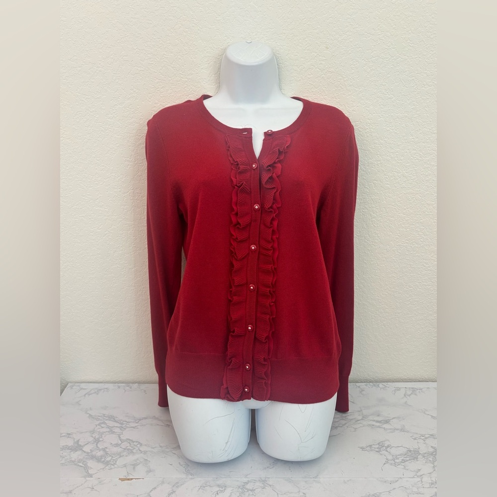 Jones New York Sport Red Sz S Cardigan Sweater Button Down Ruffle Long Sleeve